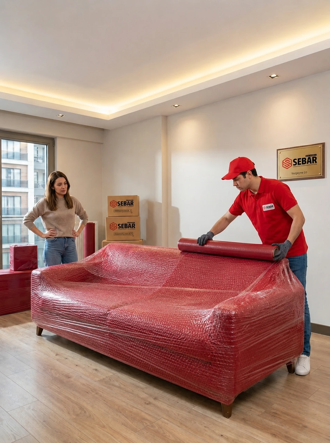 Sebar Nakliyat ekibi koltuğu baloncuklu naylonla paketliyor